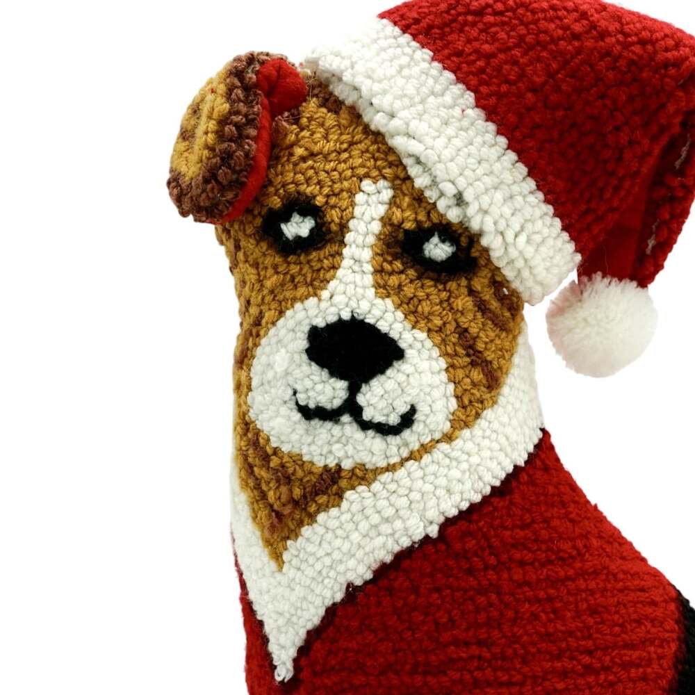 Christmas Dog Plush Santa Hat Hand Knit Stuffed Stand Up Holiday Decor Handmade